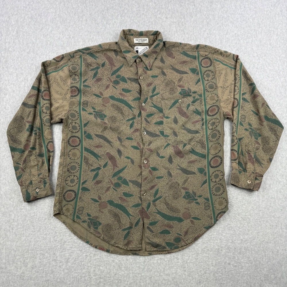 Vintage Goouch Shirt Mens Large Brown Abstract Rayon 90s Button Up Long Sleeve